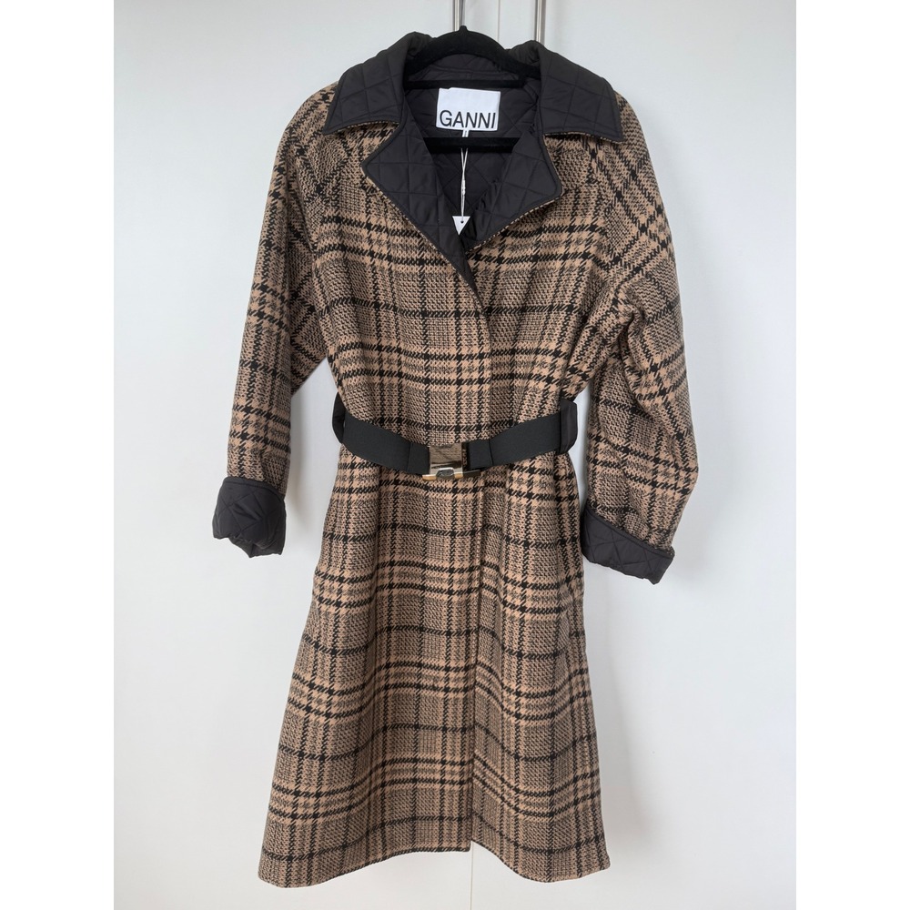 GanniPlaid Wool Blend Quilted Trim Belted Coat Tan Black Size 36 NEW